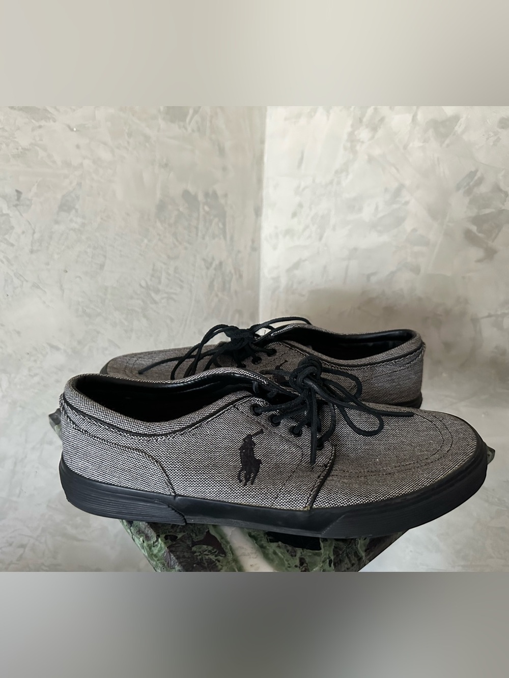 Ralph Lauren Gray Canvas Lace-Up Slip-On Loafers with Black Accents